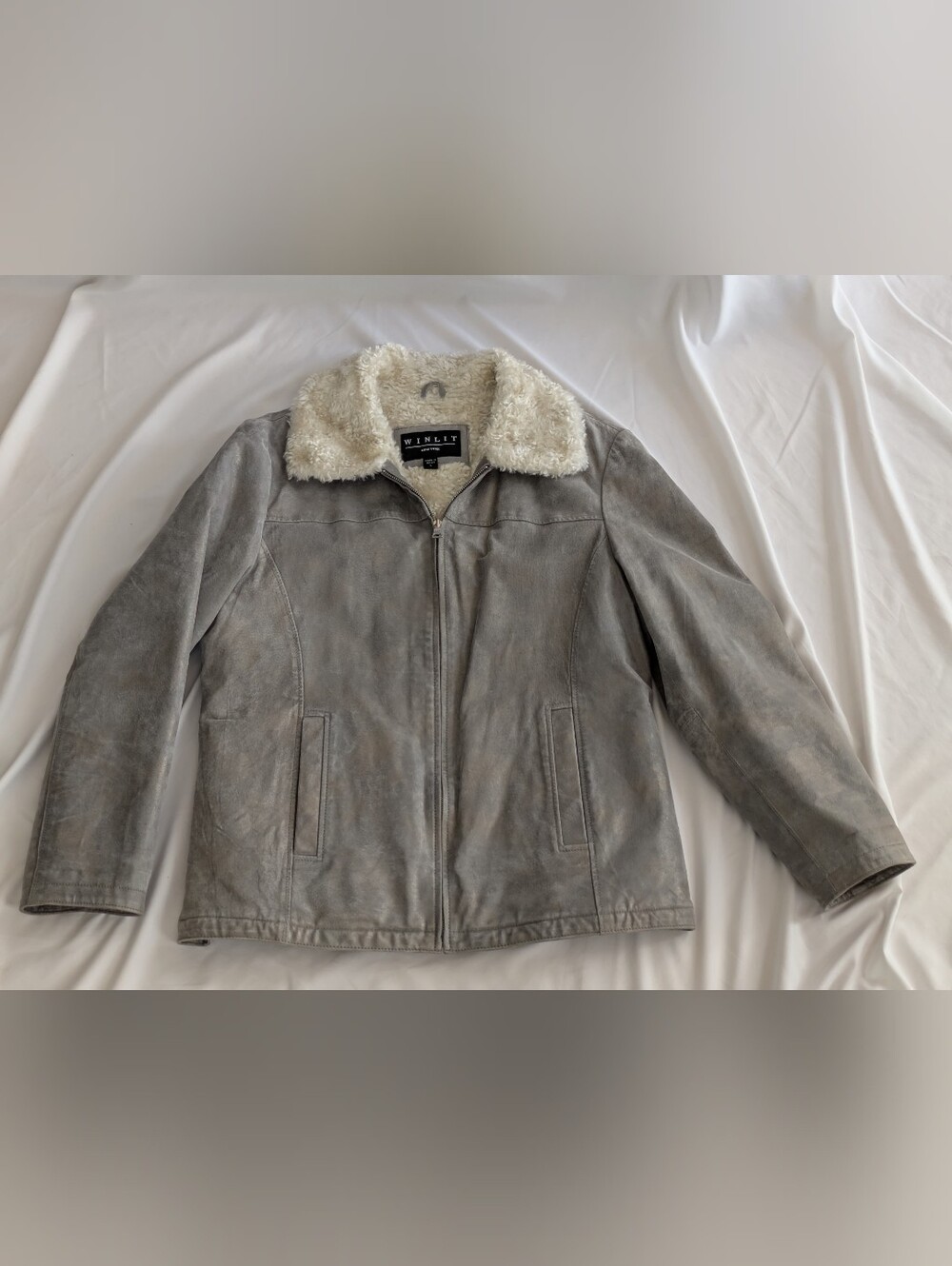WINLIT New York Women's Sherpa Lined Gray Shimmer Leather Zipper Jacket Sz L